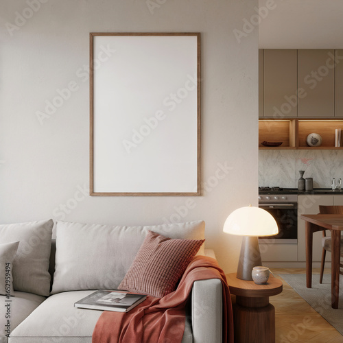 Wallpaper Mural Modern minimalist living room interior mockup with large blank frame, neutral tones, and warm lighting. Torontodigital.ca
