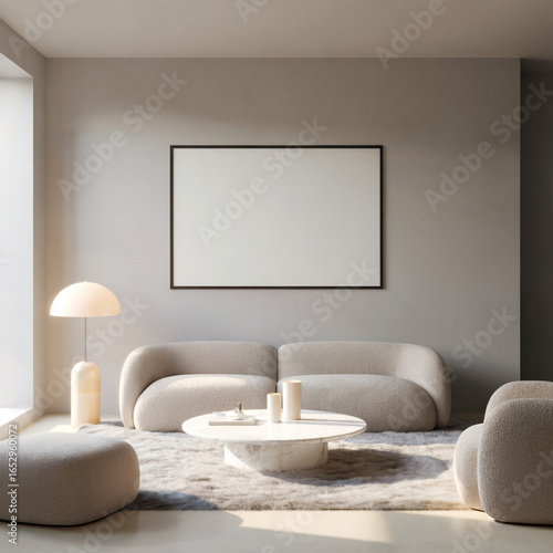 Wallpaper Mural Modern Minimalist Living Room Interior: Neutral Tones, Plush Sofa, Mockup Frame Torontodigital.ca