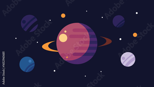 Purple Ringed Planet And Other Planets In Flat Design Space cosmos galaxy transparency background