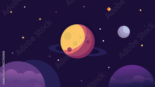 Purple Space Landscape With Ringed Planet And Clouds planets stars transparency background