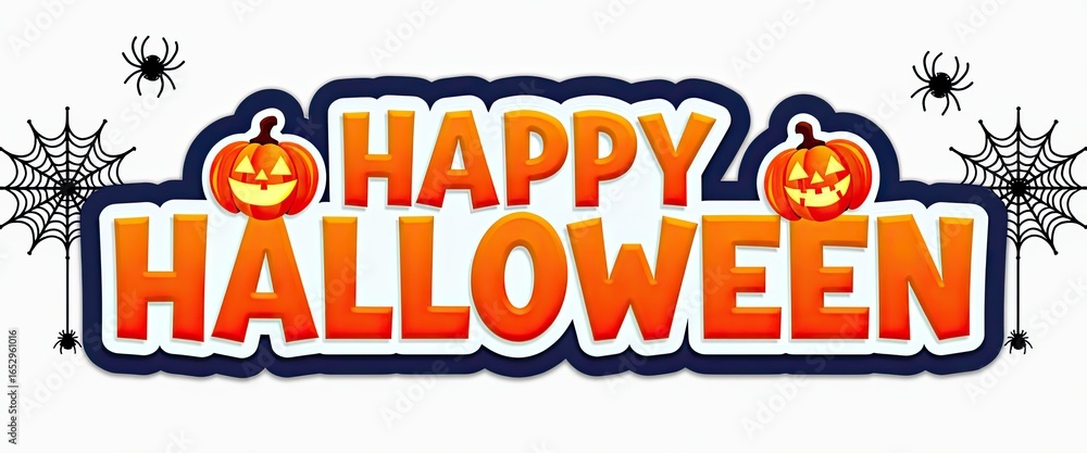 Obraz premium Happy halloween text with pumpkins and spiders, a festive and spooky design perfect for greeting cards, invitations, and decorations for the autumn holiday celebration