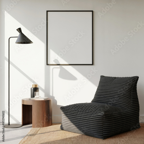 Wallpaper Mural Modern minimalist living room interior:  dark grey corduroy armchair, wooden side table, blank frame mockup. Torontodigital.ca