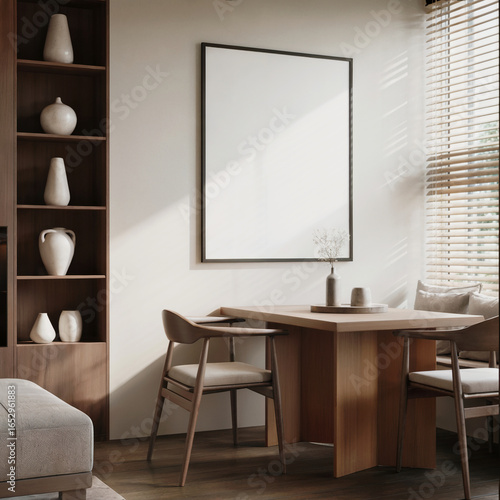 Wallpaper Mural Modern minimalist dining room interior: sunlit wooden table, chairs, and blank canvas artwork. Torontodigital.ca