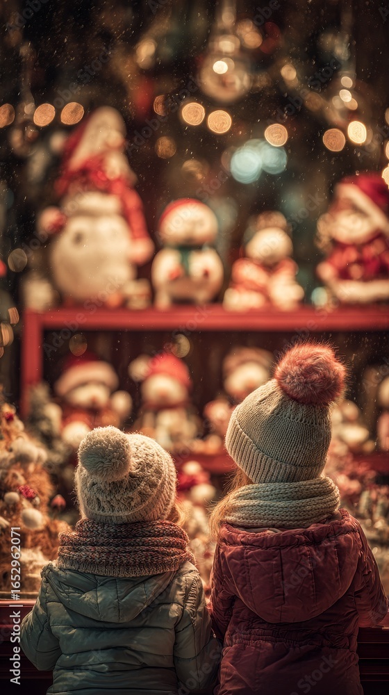 Fototapeta premium Children Looking at Christmas Window Display in Winter Snow