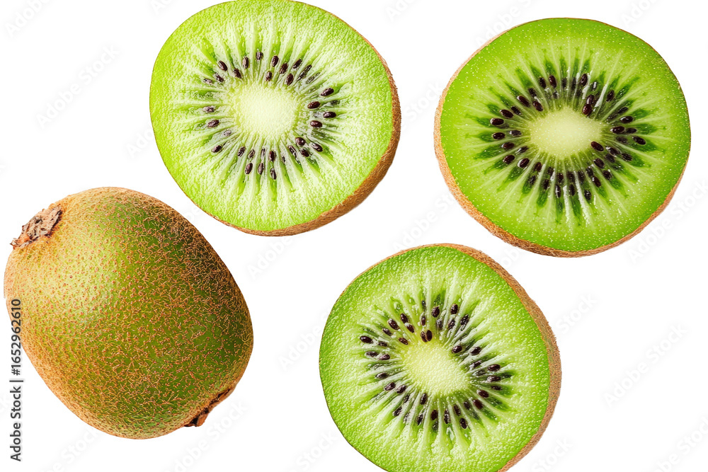 Fototapeta premium Fresh kiwi fruit slices and whole kiwi isolated on transparent background