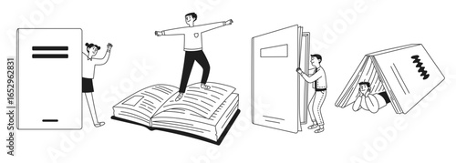 Doodle set of children with books. Reading a book, textbook, fiction. People. Vector line illustration.