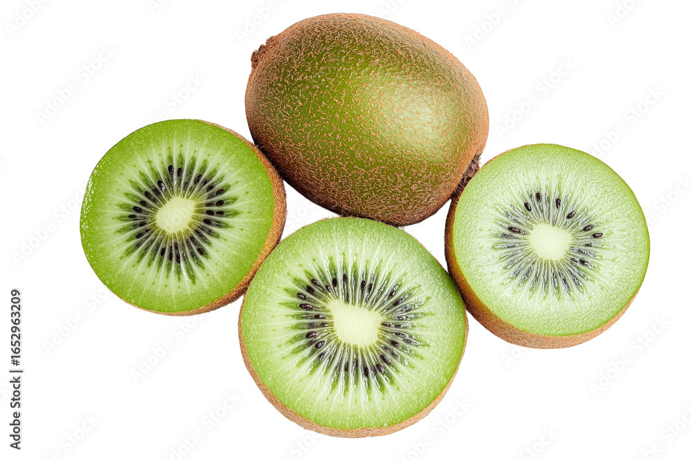Fototapeta premium Whole kiwi fruit with slices isolated on transparent background, top view