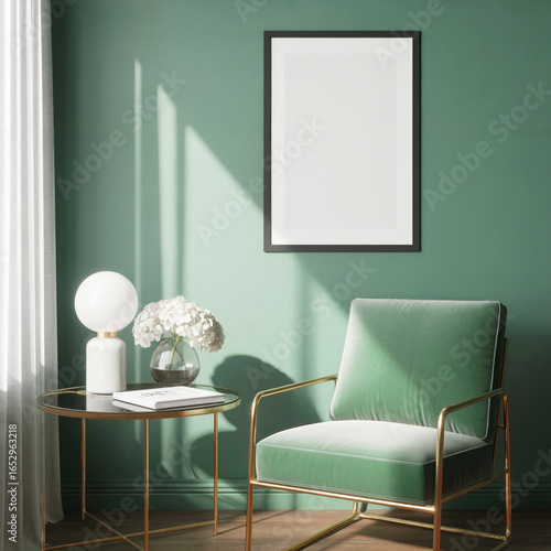 Wallpaper Mural Serene sage green living room interior:  modern armchair,  mockup frame, sunlit ambiance. Torontodigital.ca