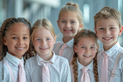 A diverse group of students in white uniforms with light pink ties smile happily, demonstrating the harmony and inclusiveness of an international school.