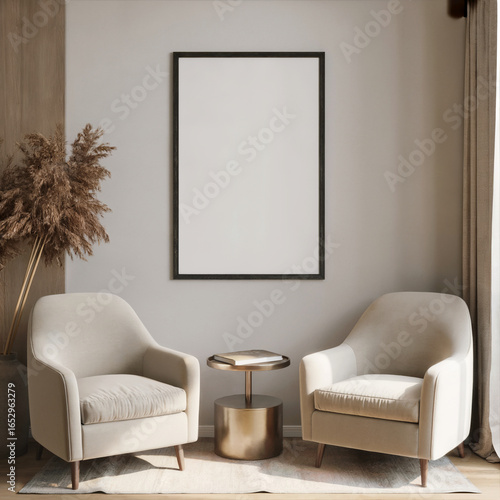 Wallpaper Mural Modern minimalist living room interior with beige armchairs, blank frame mockup, and pampas grass. Torontodigital.ca