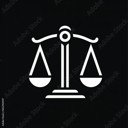 Scales of Justice: A classic symbol of fairness and impartiality, rendered in a minimalist style against a stark black backdrop. Capturing the essence of legal principles, balance.
