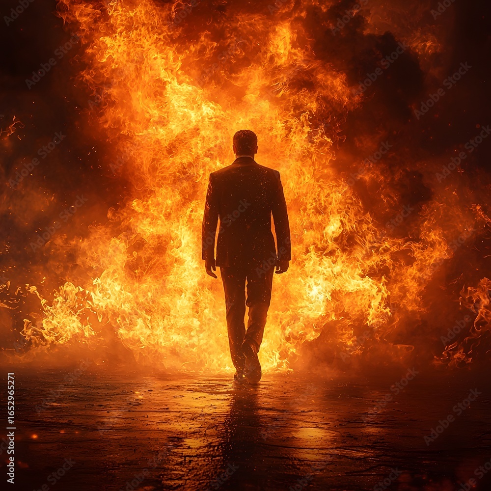 Obraz premium Determined business leader walking towards a fiery future
