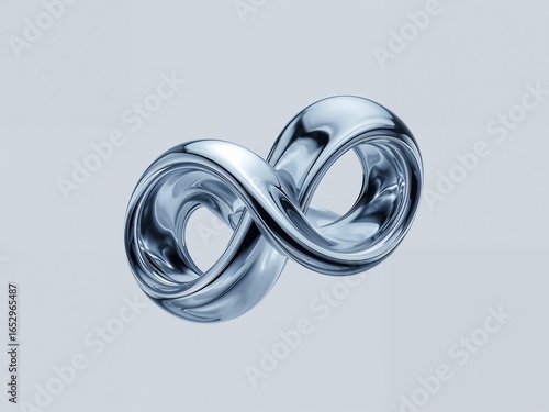 A 3D render of a chrome infinity symbol on a light gray background. A concept for eternity, technology, or modern design.