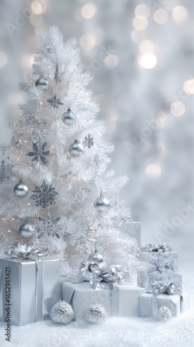 White and Silver Christmas Background with Presents and Lights