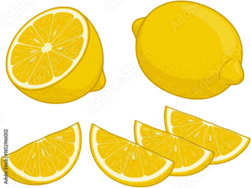 Lemon cut slices vector set, Whole, half and slice chopped lemon fruit flat collection
