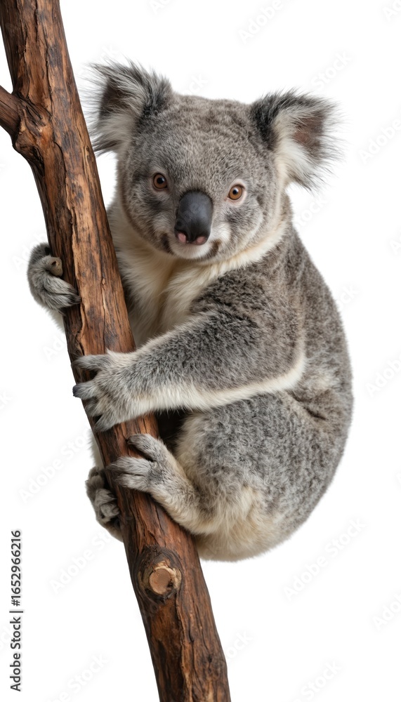 Fototapeta premium Cute koala clinging to wooden branch. Fluffy marsupial from Australia isolated on white background. Known for cuddly appearance, koala popular symbol of wildlife, nature. Furry coat, gentle