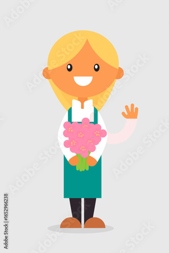 Happy Florist Cartoon Character with Flowers