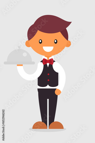 Cartoon Waiter Holding a Serving Tray