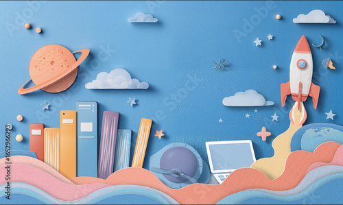 Rocket and Books in Paper Art