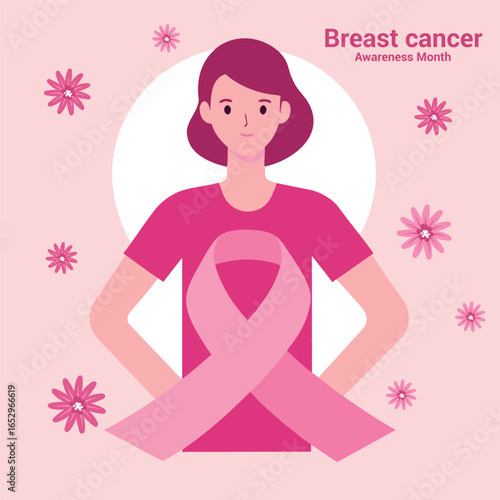 Breast Cancer Awareness Concept with Pink Ribbon – Support, Prevention, Hope, and Health Care Illustration