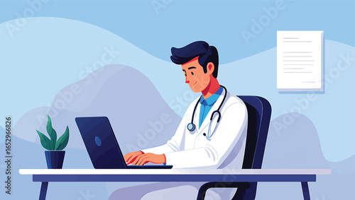 Doctor Working at Desk Vector Illustration Healthcare Professional Using Laptop in Office