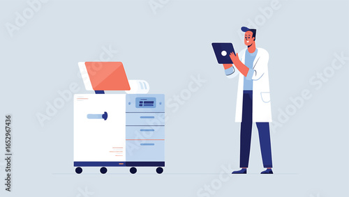 Scientific research concept with a character in a lab coat using a tablet to control modern laboratory equipment, flat vector illustration.