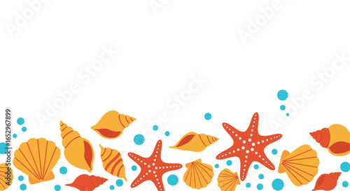 Summer Beach Border Seashells, Starfish, and Bubbles - a Decorative Vector Illustration