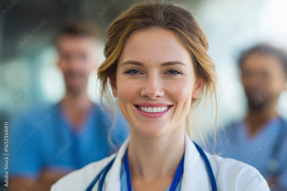 Fototapeta premium A smiling woman wearing a white lab coat and blue scrubs