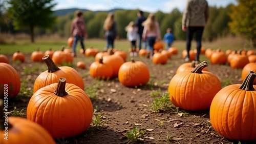 POV walking through a pumpkin patch, pumpkins of all sizes scattered across the ground, children and families blurred in background, natural daylight.