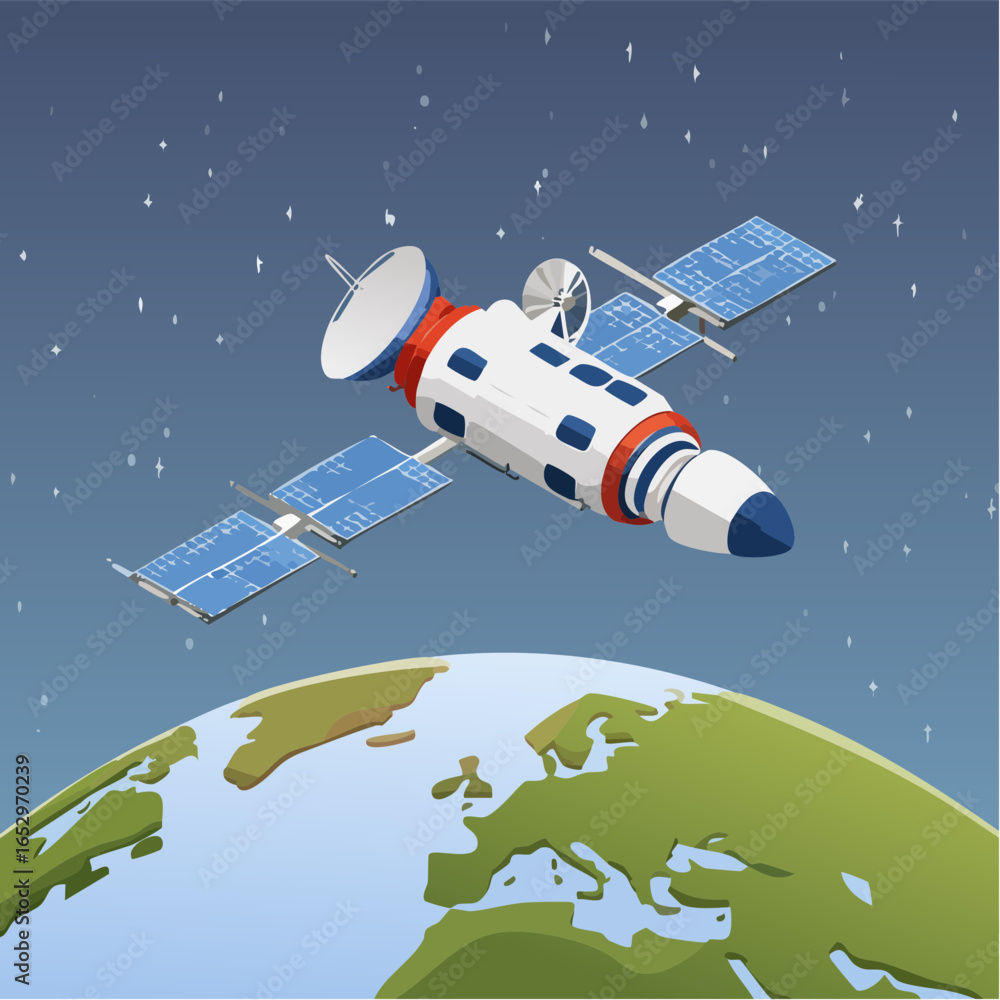Fototapeta premium Space Station Above Earth, Digital Illustration, Nighttime View, Cosmic Environment, Science Concept