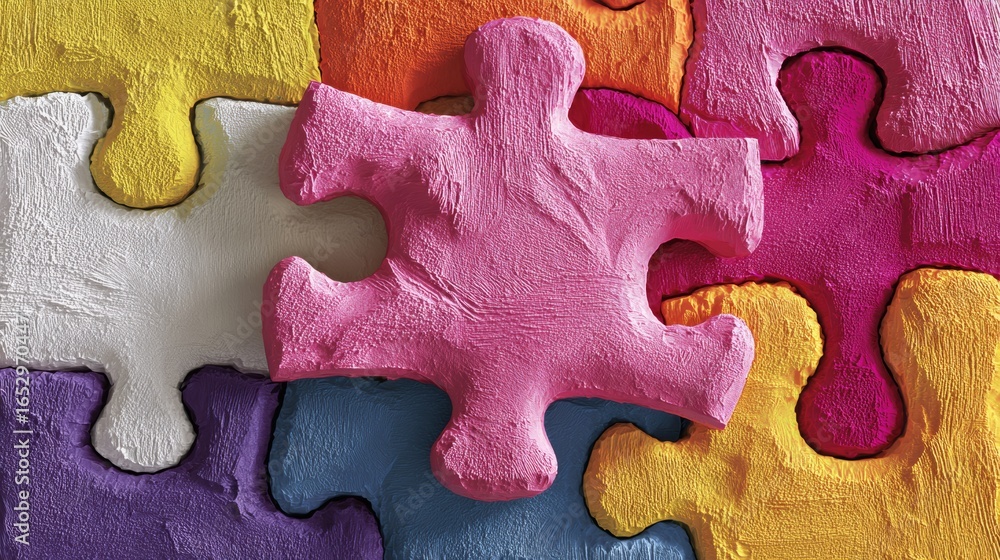 Obraz premium A pink piece of a jigsaw puzzle is placed on top of a colorful jigsaw puzzle. Concept of playfulness and creativity, as the pink piece stands out against the vibrant colors of the other pieces