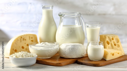 An assortment of dairy products including various cheeses, milk bottles, cottage cheese pearls,