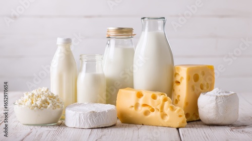 Assorted dairy products including milk bottles, cheeses,