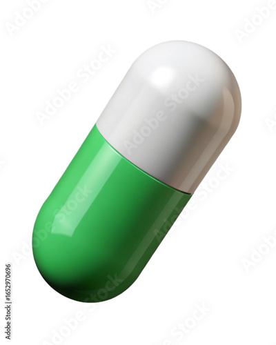 A single green and white capsule pill for wellness standing against a plain black backdrop to