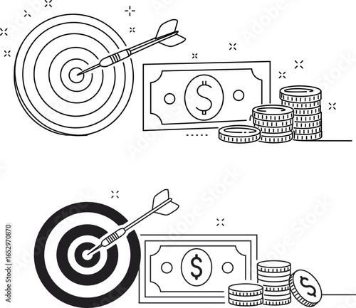 Vector illustration of financial success, target achievement, business investment, dollar income, perfect goal, coin stack, economic strategy concept