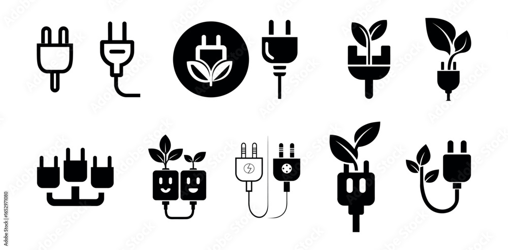 Fototapeta premium Illustration of various electrical plugs and connectors with plant and leaf elements in black and white