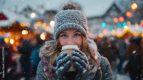 Cozy Winter Moment with Hot Drink and Falling Snow