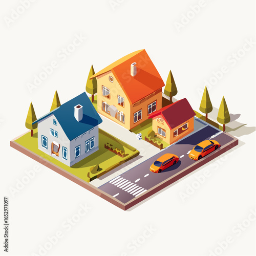 Cozy Houses, Cars, and Trees in a Geometric Style Environment