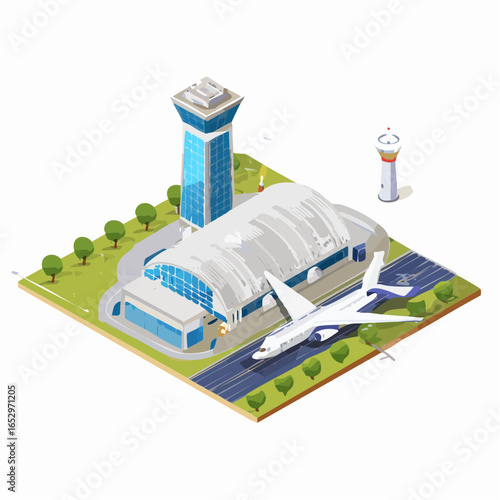 Planes on Runway, Terminal Building, Control Tower, Aerial View, Travel Concept