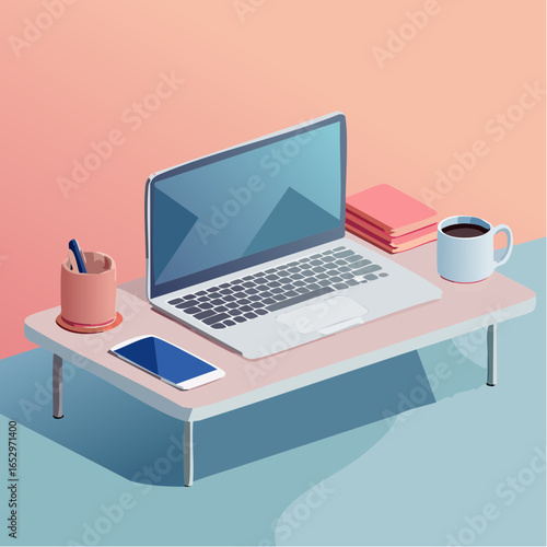 Digital Desk with Laptop, Smartphone, Coffee Cup, and Office Items in Modern Design