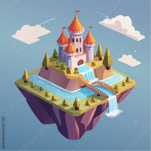Enchanted Fantasy Castle Adventure on a Floating Island with Waterfalls and Trees in a Dreamy Landscape Viewpoint