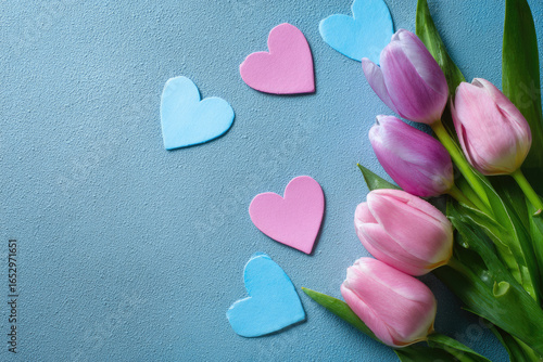 Pink tulip flowers and paper hearts on blue table. Spring floral arrangement for Mothers day