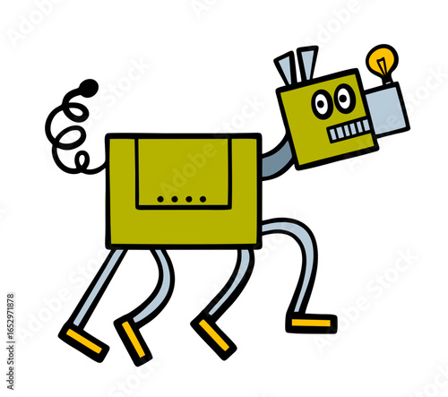 Green metal robot dog happily barks and wags its tail. Retro fantasy pet vector illustration made of wire, light bulb and electronics. A wild, friendly animal.
