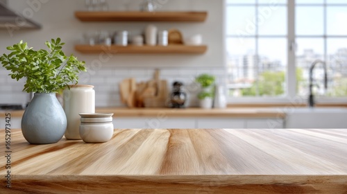 Kitchen counter with a vase of green plants and a few other items. The counter is made of wood and has a natural, warm feel to it. The plants add a touch of freshness and life to the space