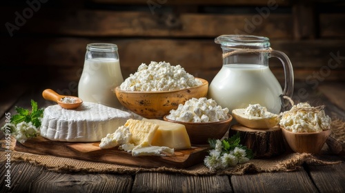 A rustic still-life arrangement featuring assorted cheeses and dairy products, including soft white mold cheese,