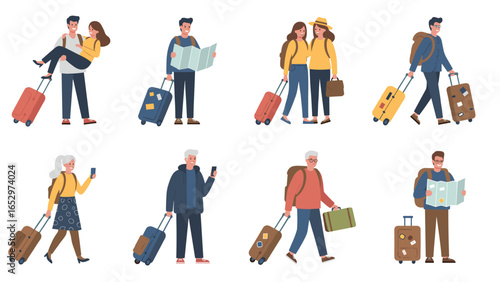 Enthusiastic Travelers in Cartoon Style Illustrations Ready for Adventure and Exploration