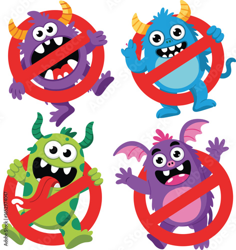 No monsters allowed icons, cartoon monster characters, funny scary creatures, prohibition signs, kids safety illustration, vector clipart, fable creature warning graphics