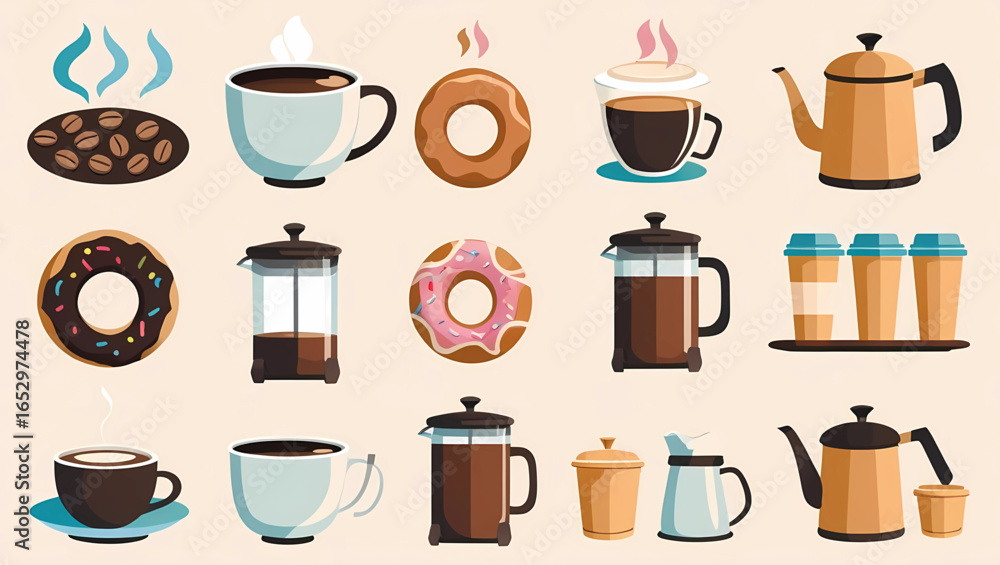 Obraz premium Vibrant coffee collection with steaming mugs, donuts, and brewing pots, perfect for cafes