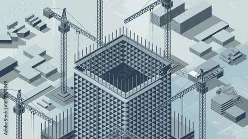 A detailed illustration of a construction site highlights cranes and building materials, symbolizing progress, infrastructure development, and the architectural industry in modern society.