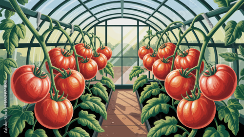 A bountiful view within a greenhouse showcasing ripe, red tomatoes hanging from lush green vines, perfectly illuminated by natural sunlight streaming through the windows.